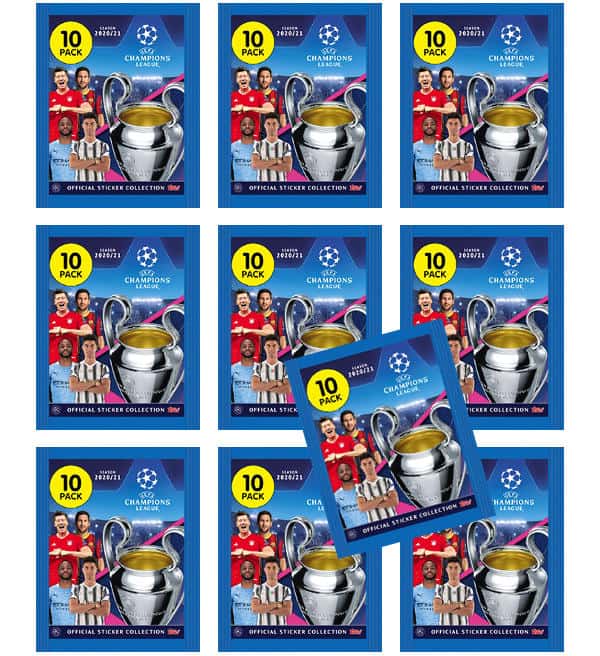 Boîte Autocollants Topps UEFA Champions League 2020/21 - 9 Enveloppes (90 Cartes) + 1 Carte Chrome Géant Doré Exclusive